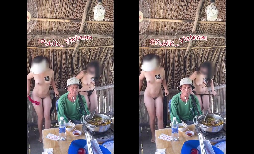 Hai em gái cởi đồ trong chòi nhậu với bác bán vé số - Clip Hot Việt